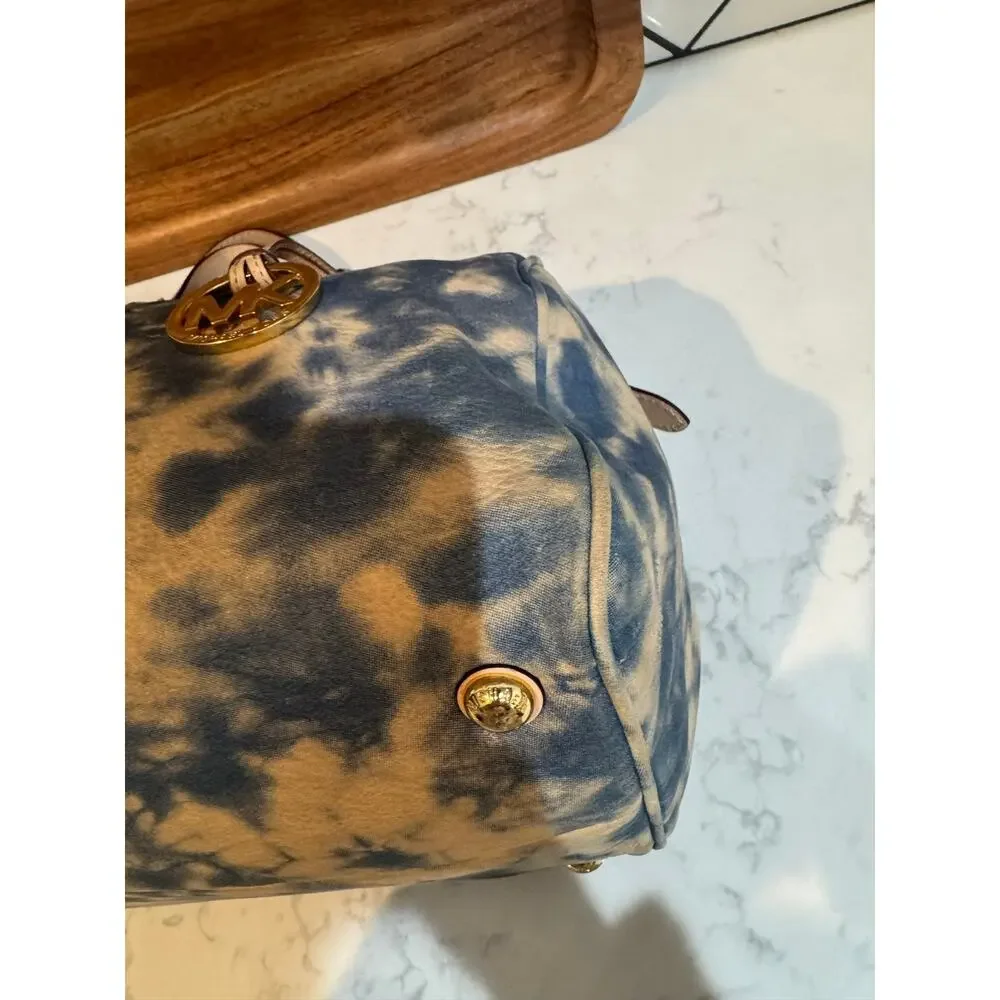 Michael Kors blue beige tie-dye Grayson satchel tan leather trim gold hardware